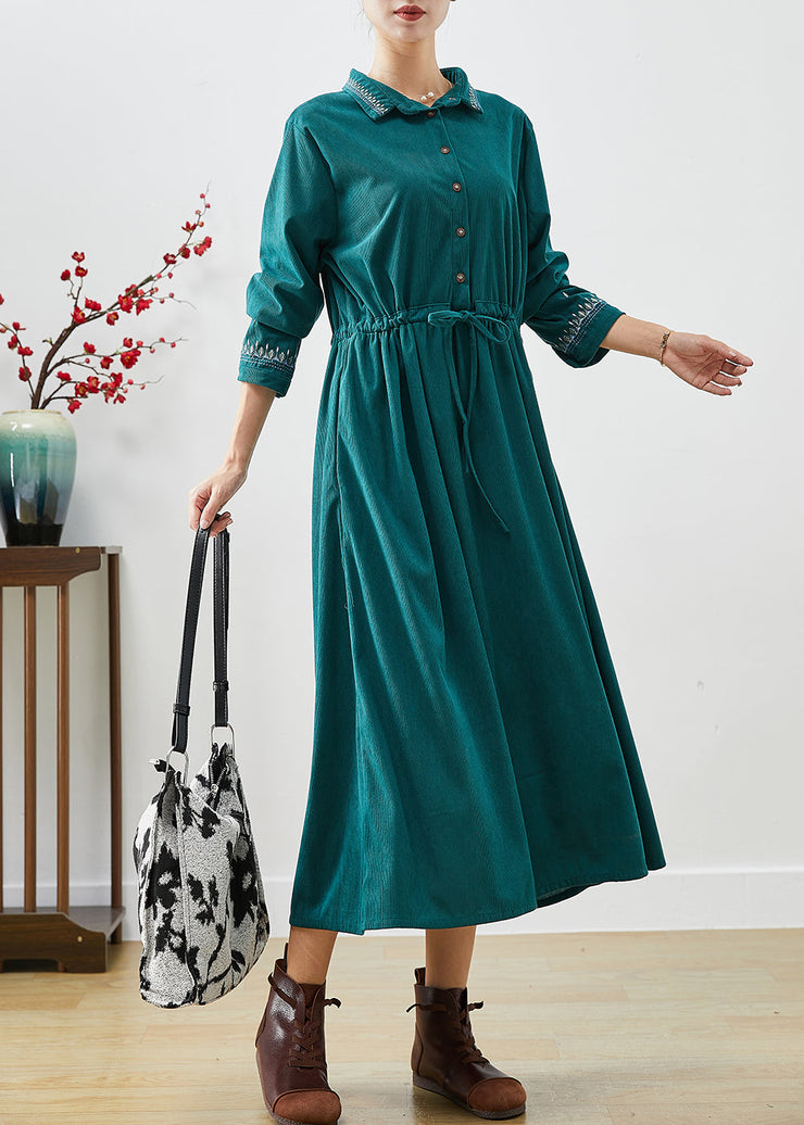 Women Blackish Green Embroideried Corduroy Cinched Dresses Fall