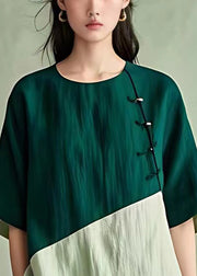 Women Blackish Green O Neck Button Cotton Shirt Half Sleeve