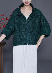 Women Blackish Green Oversized Jacquard Cotton Coat Bracelet Sleeve