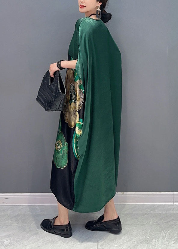 Women Blackish Green Oversized Patchwork Print Silk Dress Batwing Sleeve