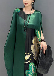 Women Blackish Green Oversized Patchwork Print Silk Dress Batwing Sleeve