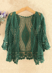 Women Blackish Green Solid Hollow Out Cotton Knit Cardigan Summer