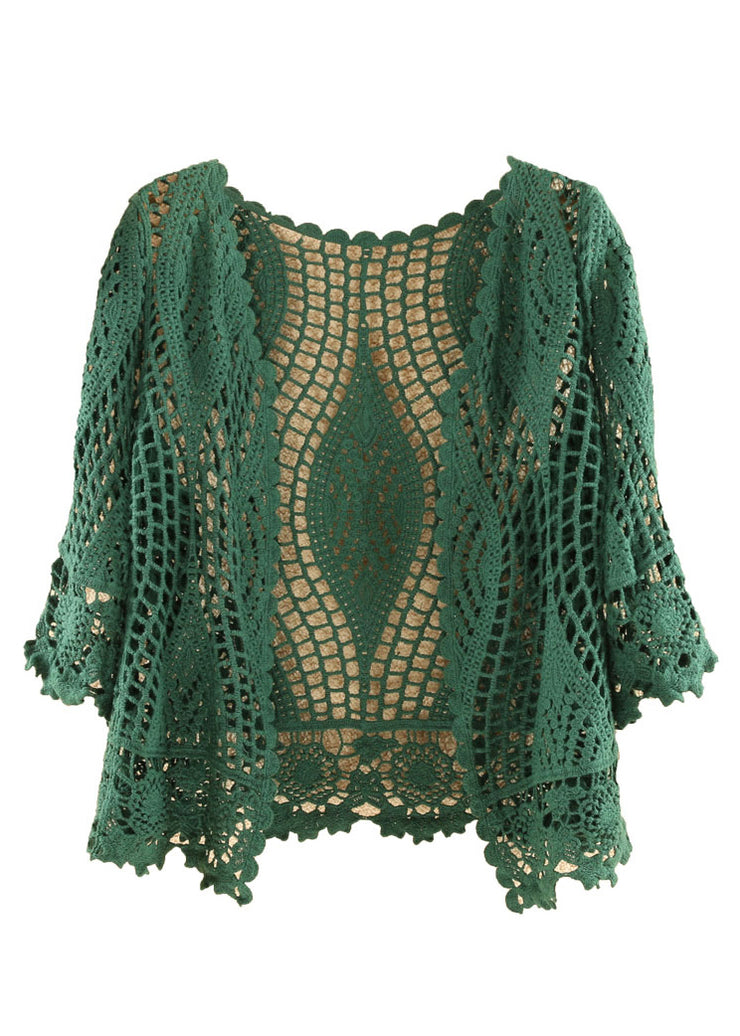 Women Blackish Green Solid Hollow Out Cotton Knit Cardigan Summer
