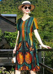 Women Blackish Green V Neck Wrinkled Print Silk Cinch Dresses Short Sleeve