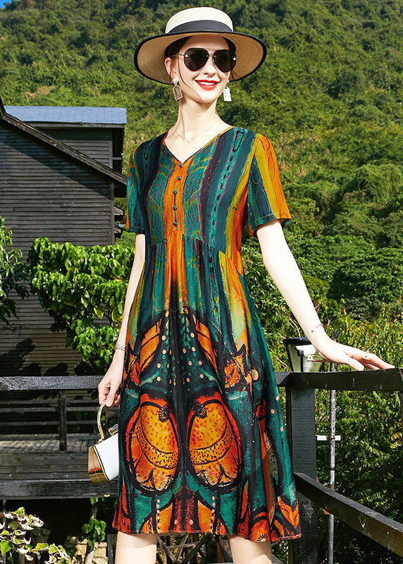 Women Blackish Green V Neck Wrinkled Print Silk Cinch Dresses Short Sleeve