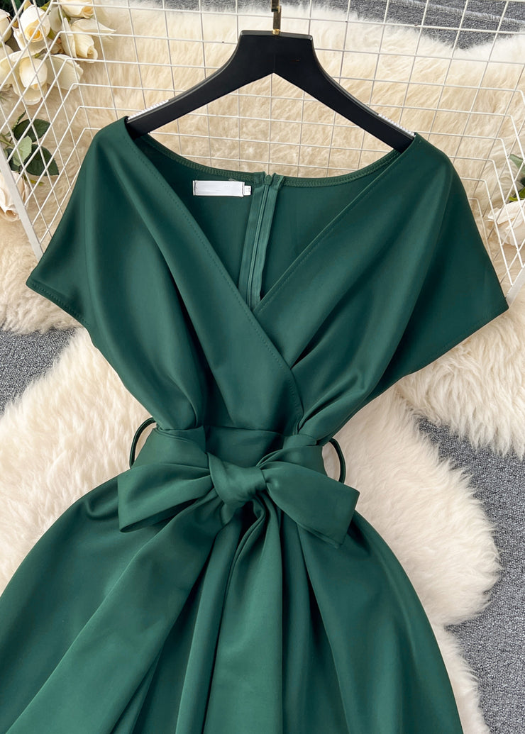 Women Blackish Green V Neck Zippered Tie Waist Spandex Dresses Summer