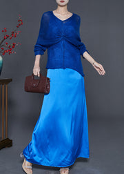 Women Blue Asymmetrical Design Knit Tops And Dresses Two Piece Suit Set Fall