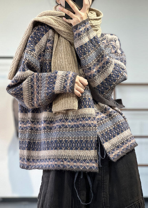 Women Blue Asymmetrical Oversized Print Wool Knit Cardigan Winter