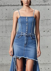 Women Blue Asymmetrical Tasseled Denim Cami Dress Summer