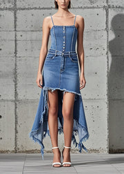 Women Blue Asymmetrical Tasseled Denim Cami Dress Summer