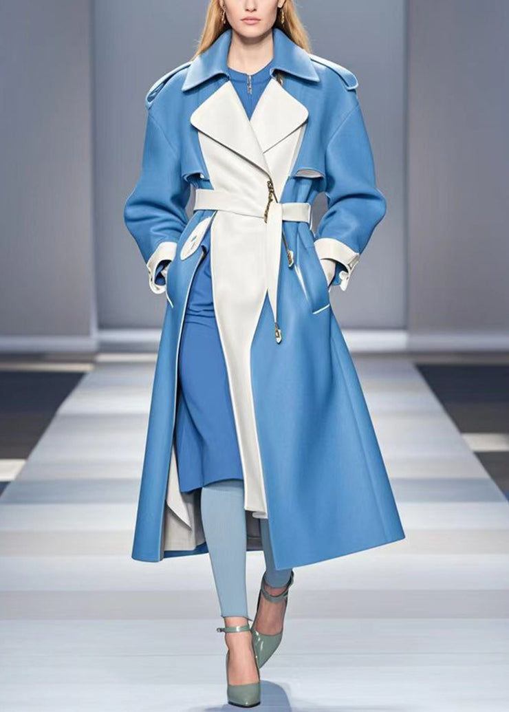 Women Blue Cinched Patchwork Faux Leather Trench Fall