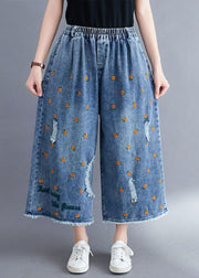 Women Blue Daisy Embroideried Pockets Cotton Denim Straight Pants Summer