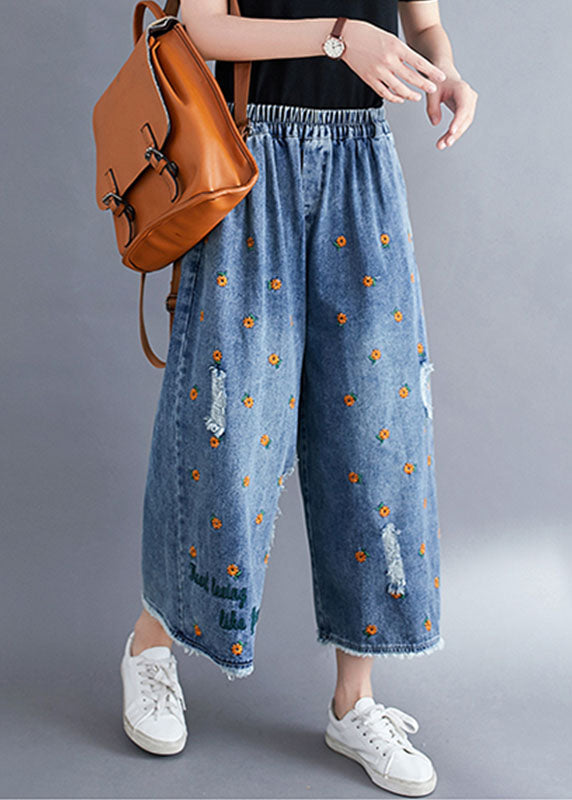 Women Blue Daisy Embroideried Pockets Cotton Denim Straight Pants Summer