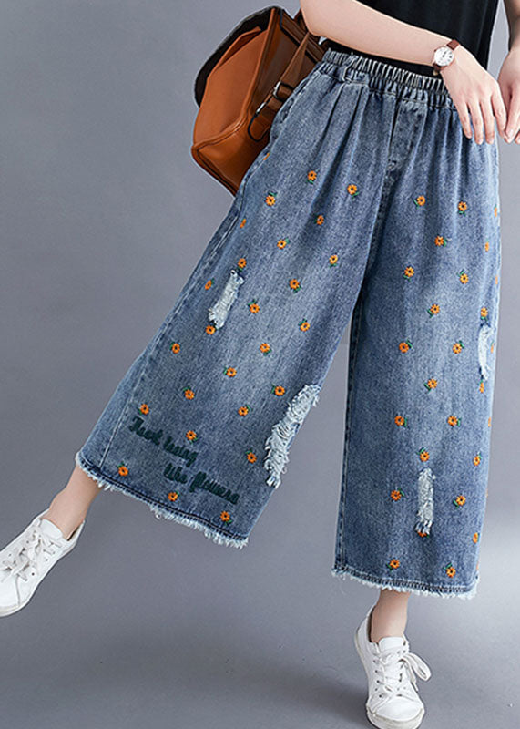 Women Blue Daisy Embroideried Pockets Cotton Denim Straight Pants Summer