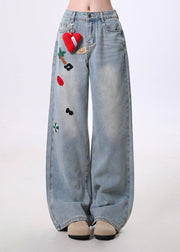 Women Blue Embroidered Pockets Denim Pants Spring