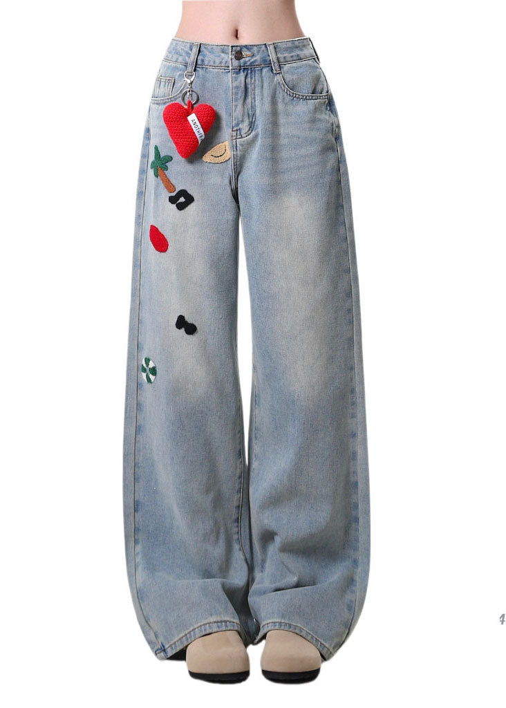 Women Blue Embroidered Pockets Denim Pants Spring