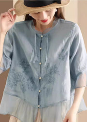 Women Blue Embroidered Tulle Patchwork Linen Shirt Summer