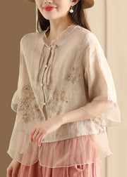 Women Blue Embroidered Tulle Patchwork Linen Shirt Summer