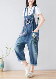 Women Blue Embroidered Cotton Denim Jumpsuits Spring