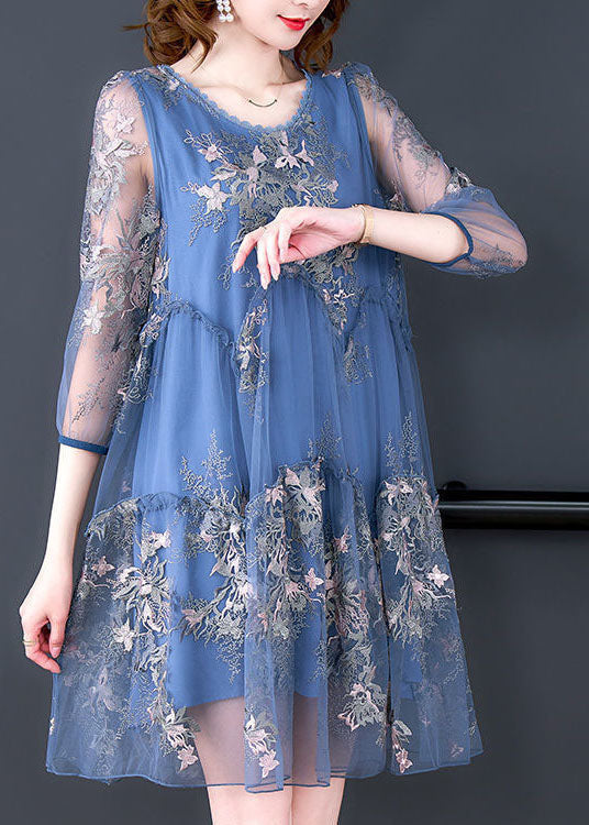 Women Blue Embroideried Patchwork Ruffled Tulle A Line Dress Summer