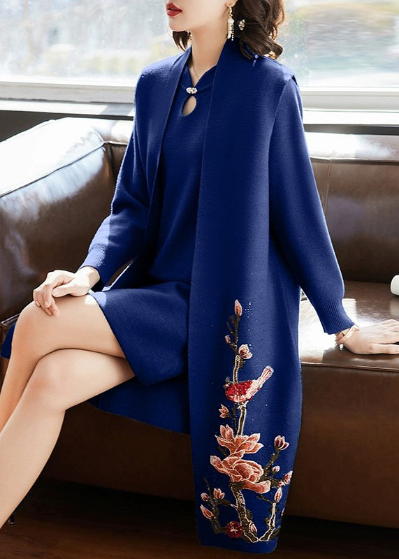 Women Blue Floral Zircon Knit Two Piece Set Clothing Spring