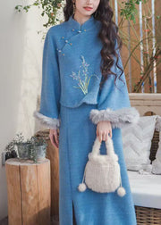 Women Blue Fur Collar Tops And Skirts Cotton Filled Two Pieces Set Winter