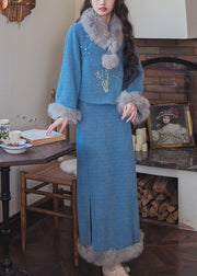 Women Blue Fur Collar Tops And Skirts Cotton Filled Two Pieces Set Winter