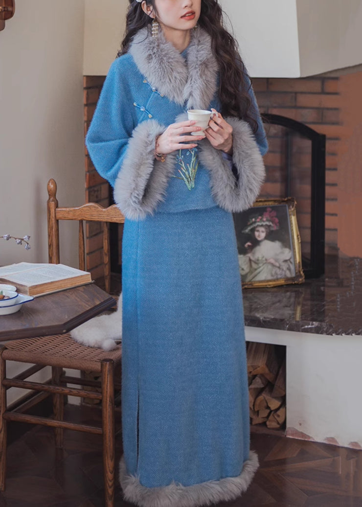 Women Blue Fur Collar Tops And Skirts Cotton Filled Two Pieces Set Winter