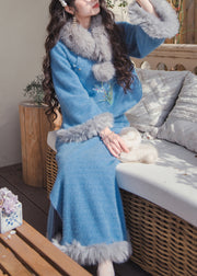 Women Blue Fur Collar Tops And Skirts Cotton Filled Two Pieces Set Winter