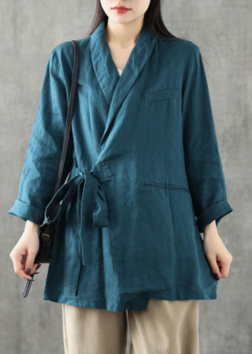 Women Blue Green Peter Pan Collar Tie Waist Linen Coats Long Sleeve