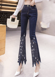 Women Blue High Waist Button Tassel Crop Jeans Spring