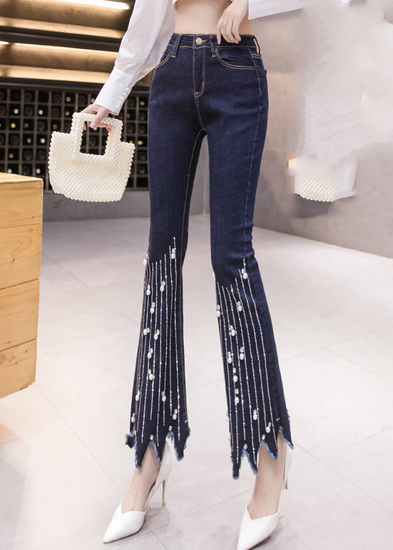 Women Blue High Waist Button Tassel Crop Jeans Spring