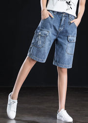 Women Blue High Waist Oversized Pockets Cotton Straight Shorts Summer