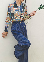 Women Blue High Waist Striped Draping Wide Leg Pants Spring