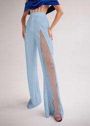 Women Blue Hollow Out Patchwork Tulle Bell-bottom Trousers Spring