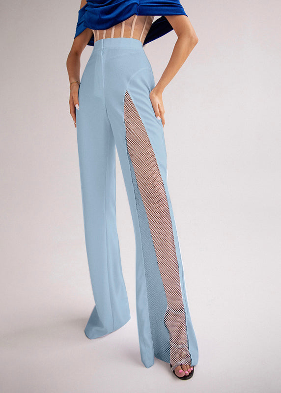 Women Blue Hollow Out Patchwork Tulle Bell-bottom Trousers Spring