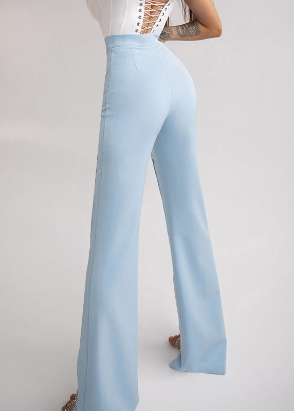 Women Blue Hollow Out Patchwork Tulle Bell-bottom Trousers Spring