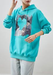 Women Blue Hooded PocketsPrint Cotton Sweatshirt Streetwear Fall