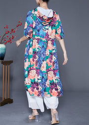 Women Blue Hooded Ruffled Print Silk Maxi Dresses Summer