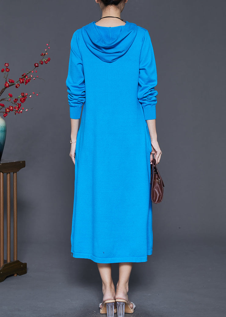 Women Blue Hooded Silm Fit Knit Long Dress Spring