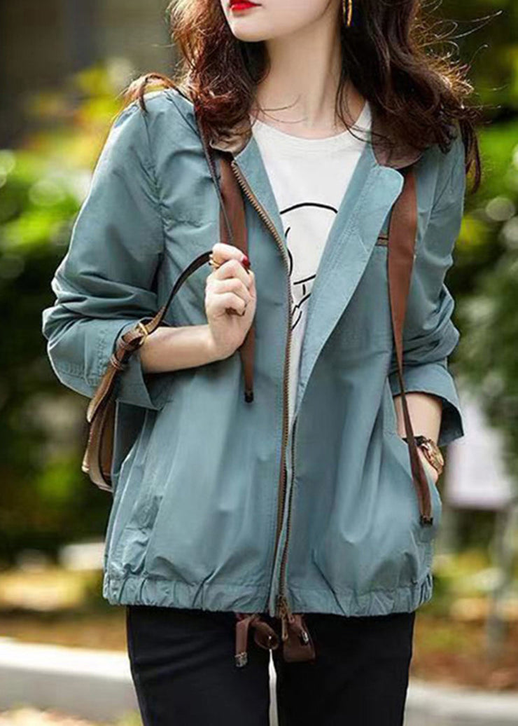 Women Blue Hooded Zippered Pockets Cotton Coat Fall