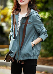 Women Blue Hooded Zippered Pockets Cotton Coat Fall