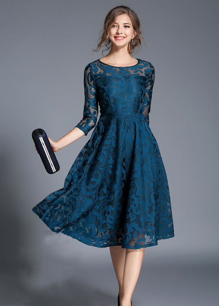 Women Blue Jacquard Wrinkled Patchwork Lace Mid Dress Summer