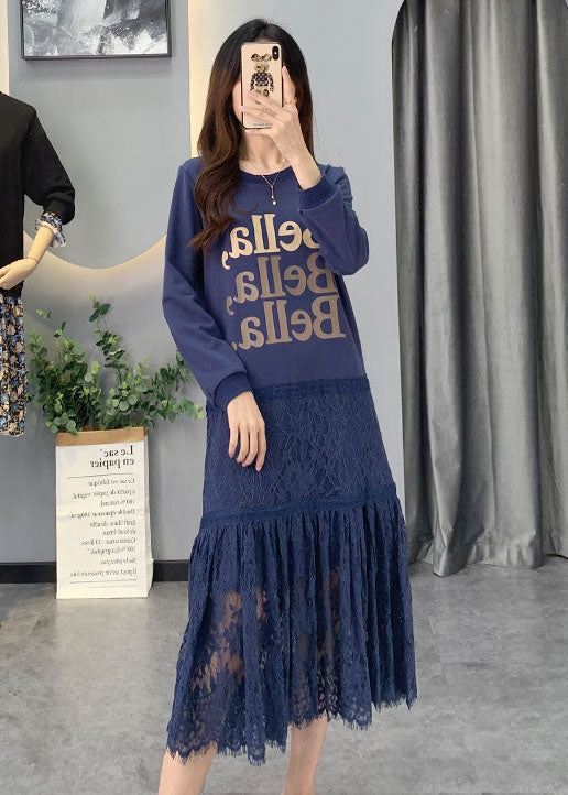 Women Blue Lace Patchwork Cotton Dress Spring