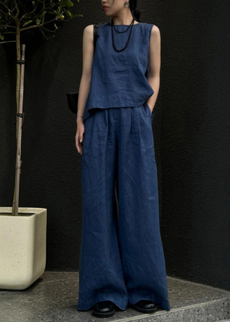 Women Blue Linen Vest And Wide Leg Pants Two Pieces Set Sleeveless