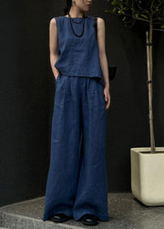 Women Blue Linen Vest And Wide Leg Pants Two Pieces Set Sleeveless