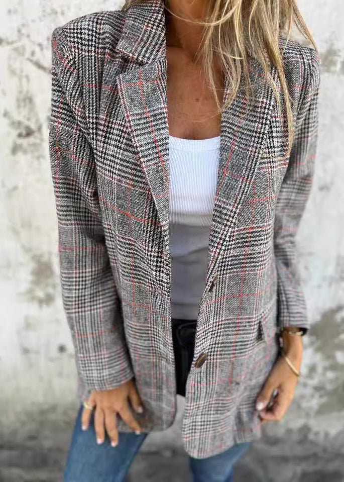 Women Blue Notched Pockets Plaid Cotton Suit Coats Fall