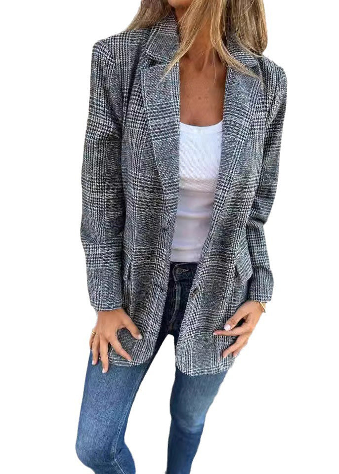 Women Blue Notched Pockets Plaid Cotton Suit Coats Fall