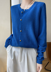 Women Blue O Neck Button Patchwork Cotton Knit Coats Fall