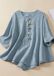 Women Blue O Neck Chinese Button Jacquard Linen Shirt Summer